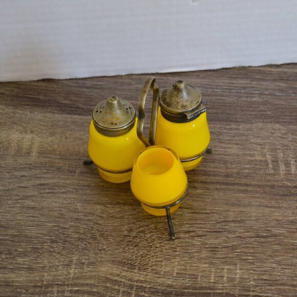 Vtg Yellow Glass Condiment Set in Metal Stand - Picture 8 of 11